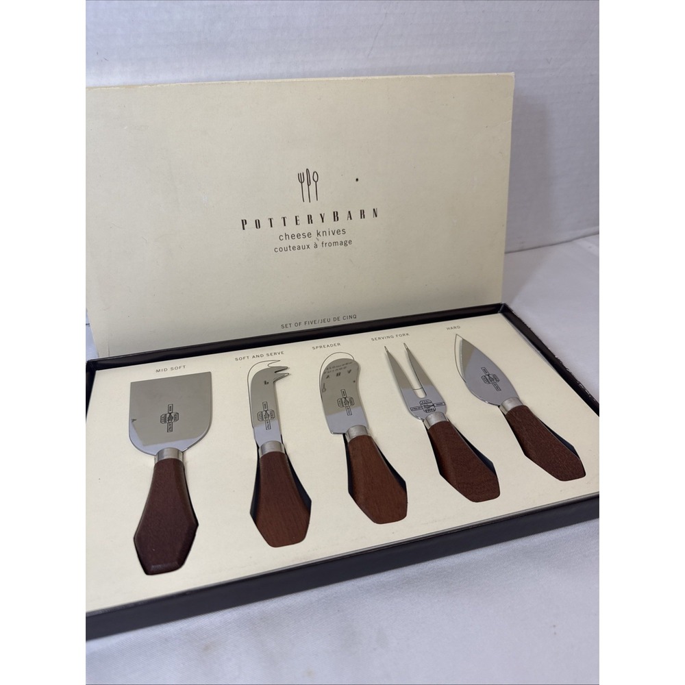Pottery Barn Boxed Set of 5 Cheese Knives Stainless Steel Wood Handles NEW
